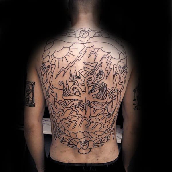 Black Ink Outline Full Kraken Male Back Tattoos With Sailing Ship