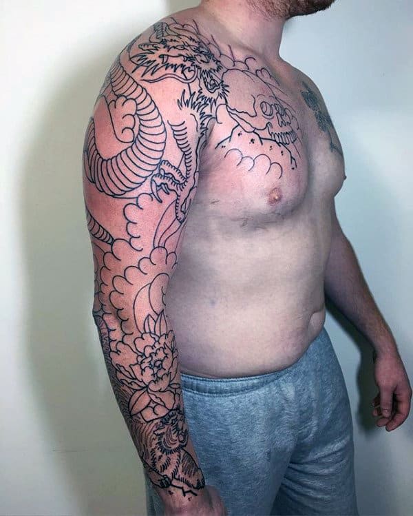 Black Ink Outline Full Sleeve Peony Flower Mens Tattoo Designs