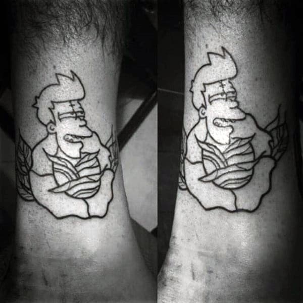 Black Ink Outline Futurama Fry In Rose Flower Mens Leg Tattoo