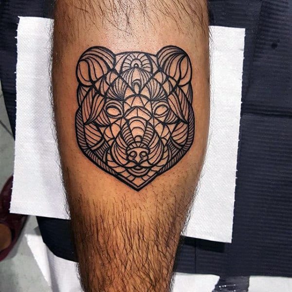 Black Ink Outline Geometric Bear Mens Leg Tattoos