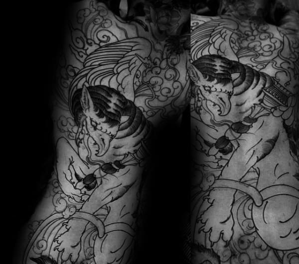 Black Ink Outline Griffin With Torch Mens Tattoo Designs