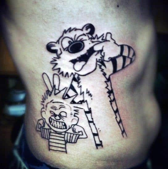 Black Ink Outline Guys Calvin And Hobbes Rib Cage Side Of Body Tattoo