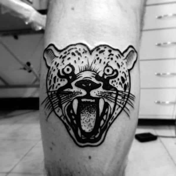 Black Ink Outline Guys Cheetah Leg Calf Tattoos