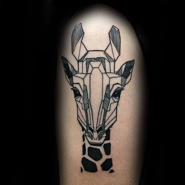 Black Ink Outline Guys Cool Giraffe Tattoo On Upper Arm