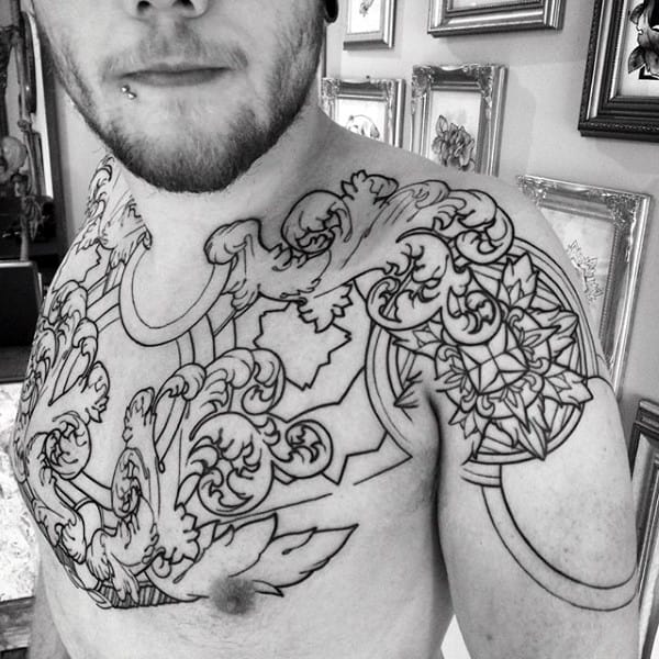 Black Ink Outline Guys Filigree Chest Tattoo