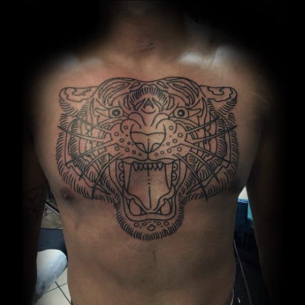 Black Ink Outline Guys Growling Tiger Traditional Upper Chest Tattoos
