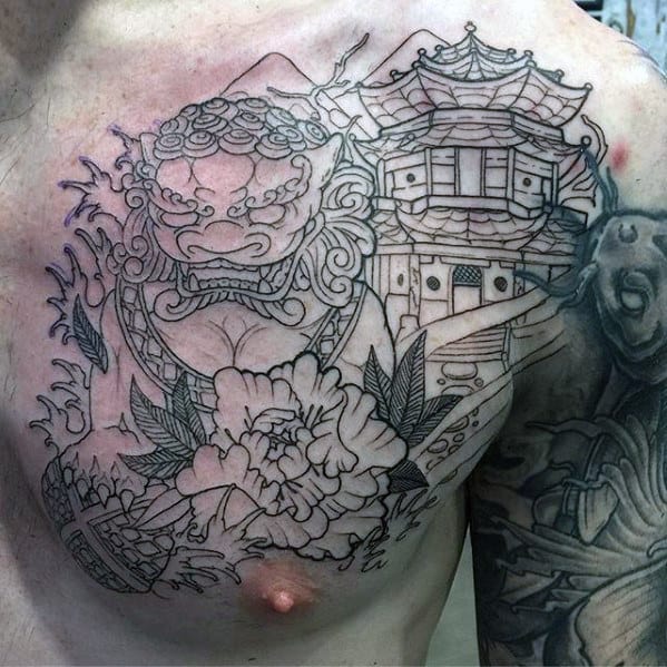 Black Ink Outline Guys Japanese Temple Fu Dog Tattoo On Chest