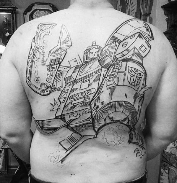 Black Ink Outline Guys Manly Transformers Back Tattoos