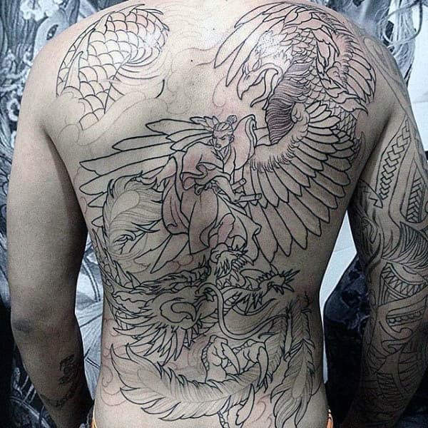 Black Ink Outline Guys Phoenix Back Tattoo Designs