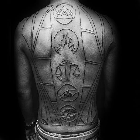 Black Ink Outline Guys Shapes Circles Cool Back Tattoo