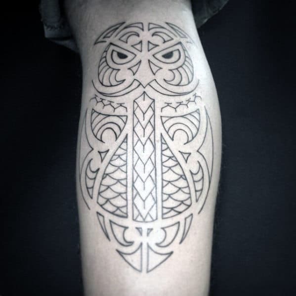 Black Ink Outline Guys Tribal Owl Leg Tattoo Design Inspiration