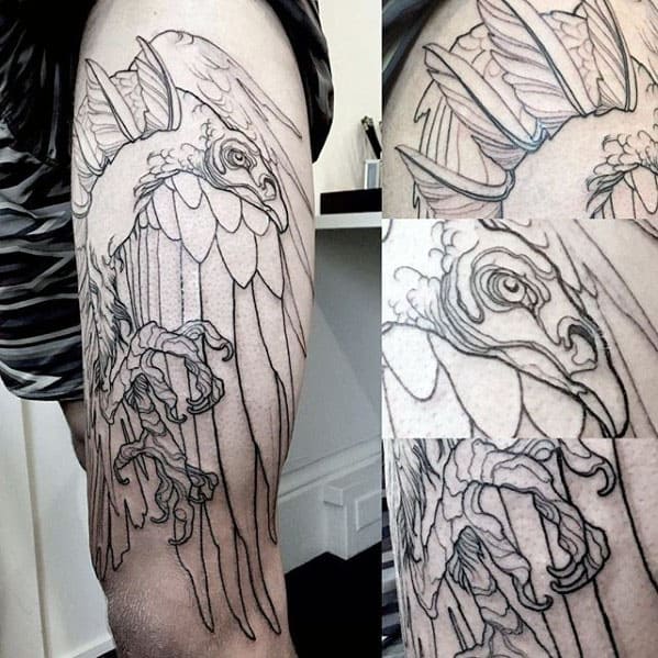 Black Ink Outline Guys Vulture Thigh Tattoo