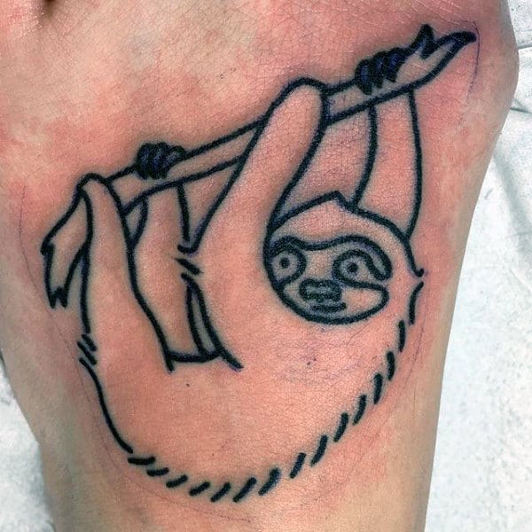 Black Ink Outline Hanging Sloth Guys Foot Tattoos