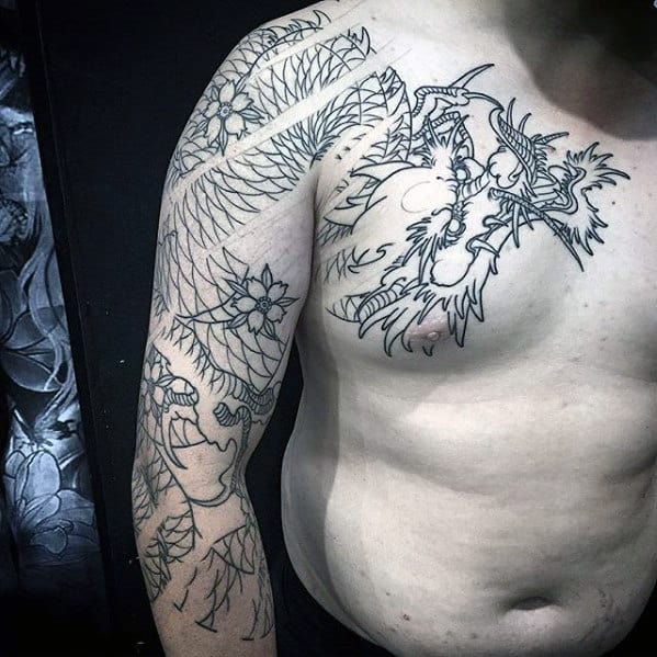 Black Ink Outline Japanese Dragon Guys Arm And Chest Tattoos