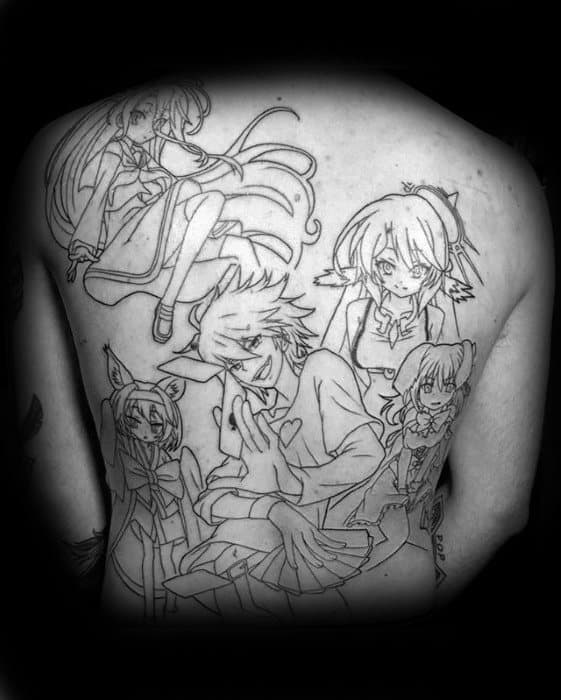Black Ink Outline Male Anime Tattoo Designs Full Back
