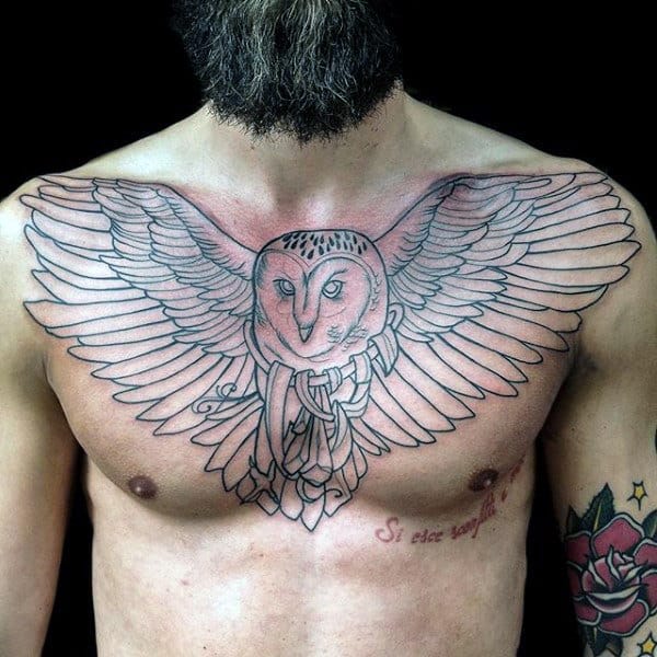 Black Ink Outline Male Barn Owl Tattoo On Chest