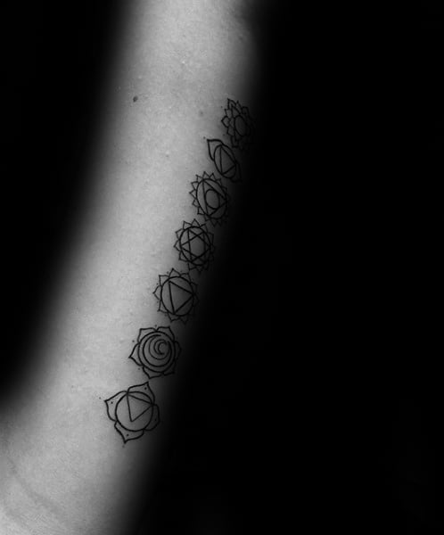 Black Ink Outline Male Chakras Tattoo Design On Forearms