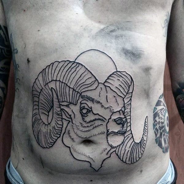 Black Ink Outline Male Goat Stomach Tattoos