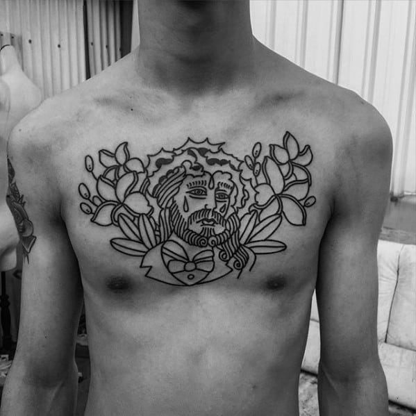 Black Ink Outline Male Jesus Face With Flowers Upper Chest Tattoo