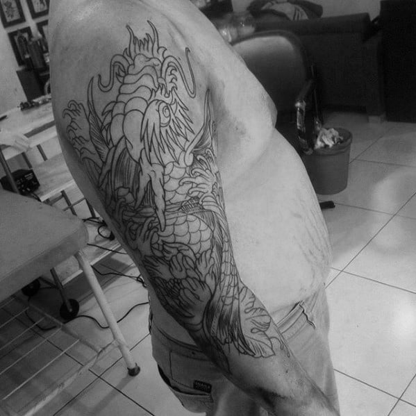 Black Ink Outline Male Koi Dragon Half Sleeve Tattoo