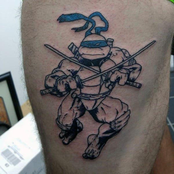 Black Ink Outline Male Teenage Mutant Ninja Turtle Thigh Tattoos