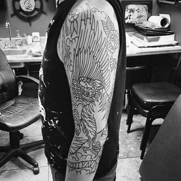 Black Ink Outline Manly Guys Griffin Half Sleeve Tattoos