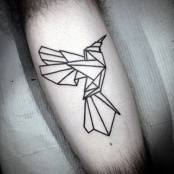 Black Ink Outline Mens Bird Origami Leg Tattoo