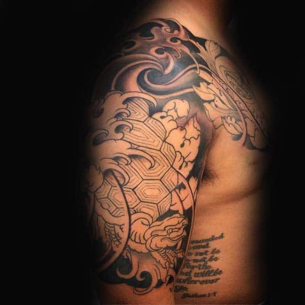 Black Ink Outline Mens Japanese Turtle Half Sleeve Tattoo