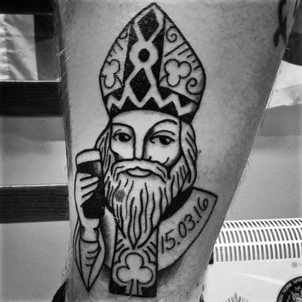 Black Ink Outline Mens Three Leaf Clover Saint Patrick Irish Leg Tattoo Designs