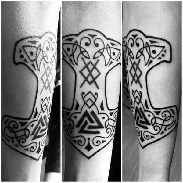Black Ink Outline Mjolnir Tattoos For Guys On Inner Forearm