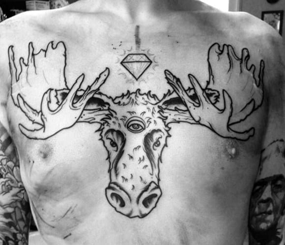 Black Ink Outline Moose Third Eye Chest Tattoo Design Ideas