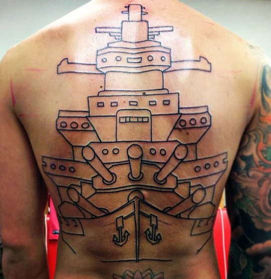 Black Ink Outline Navy Battleship Mens Full Back Tattoos