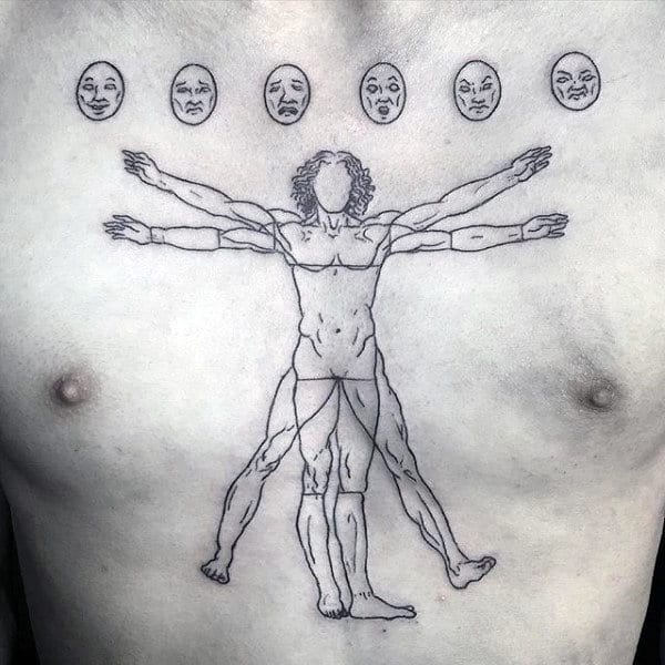 Black Ink Outline Of Vitruvian Man Guys Upper Chest Tattoo
