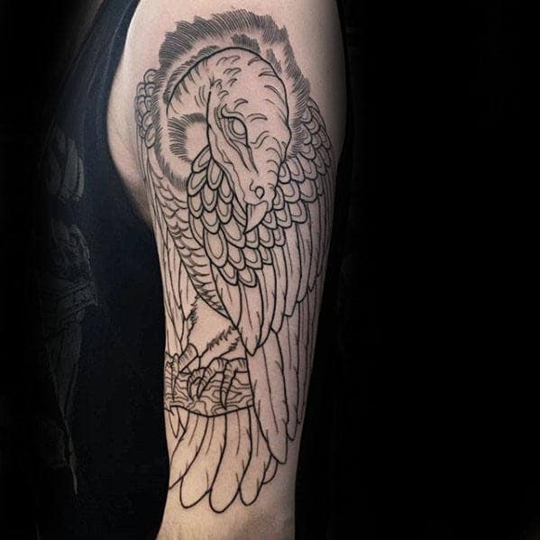 Black Ink Outline Of Vulture Standing On Tree Branch Mens Arm Tattoo