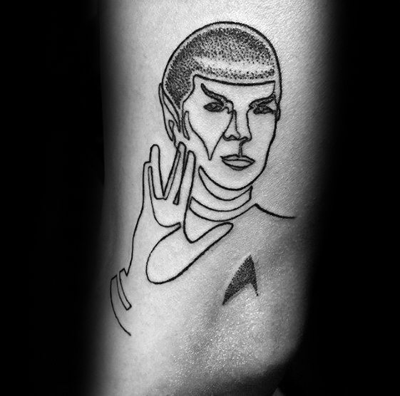 Black Ink Outline Outer Arm Male Tattoo With Star Trek Design