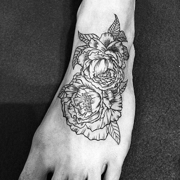 Black Ink Outline Peony Mens Foot Tattoos