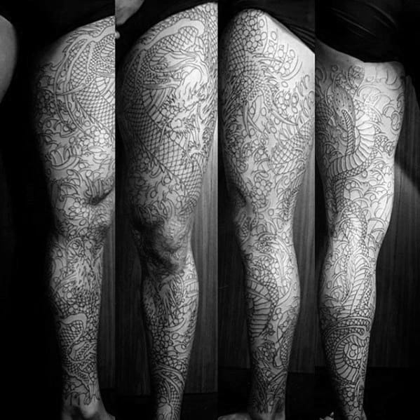 Black Ink Outline Retro Dragon Full Leg Mens Tattoos