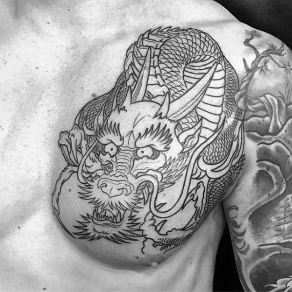 Black Ink Outline Retro Mens Dragon Upper Chest Tattoo Ideas