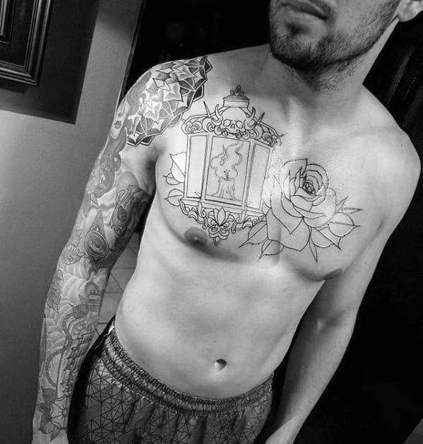 Black Ink Outline Retro Traditional Lantern Flower Male Chest Tattoos