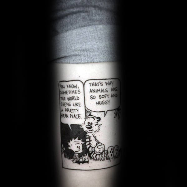 Black Ink Outline Small Comic Strip Of Calvin And Hobbes Mens Tattoos