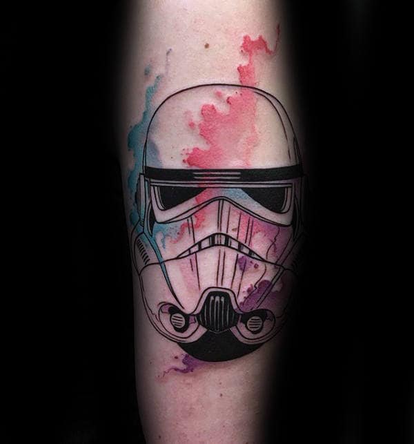 Black Ink Outline Stormtrooper With Watercolor Design Mens Arm Tattoo