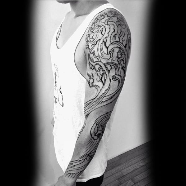 Black Ink Outline Tree Sleeve Tattoos For Gentlemen
