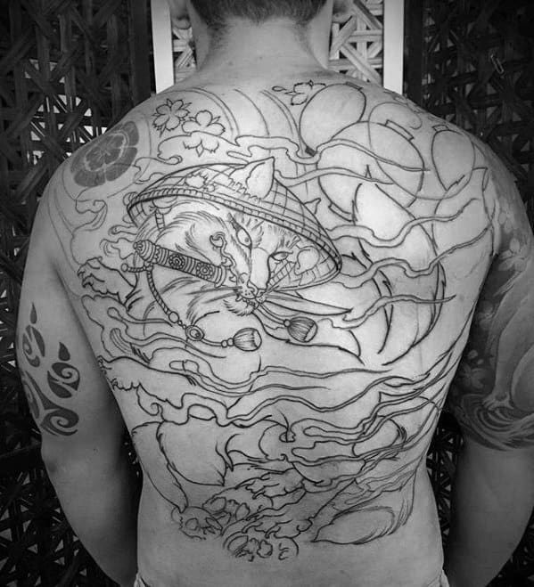 Black Ink Outline Unique Guys Kitsune Back Tattoo Ideas