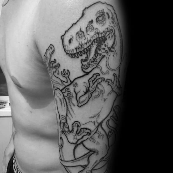 Black Ink Outline Velociraptor Mens Half Sleeve Tattoos
