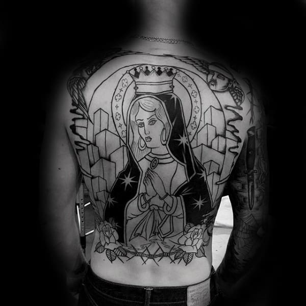 Black Ink Outline Virgin Mary Male Back Tattoos