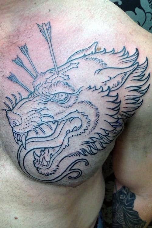 Black Ink Outline Wolf With Arrows Male Upper Chest Tattoos