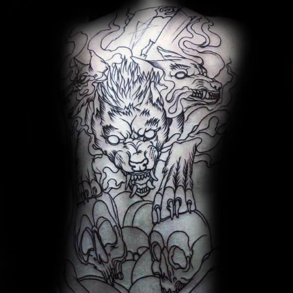 Black Ink Outline Wolf With Skulls Male Full Back Tattoo