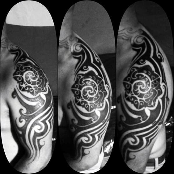 Black Ink Pattern Sick Tribal Shoulder And Arm Tattoos For Guys
