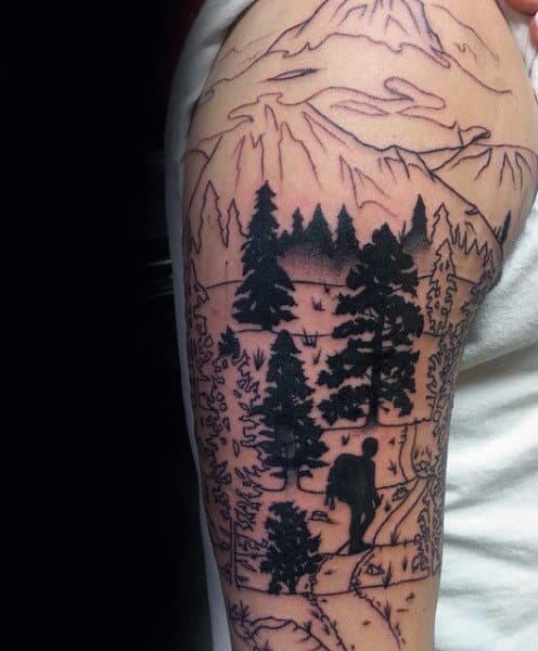 Black Ink Pine Tree Sleeve Mens Tattoo Designs