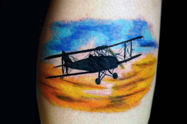 Black Ink Plane Flying Through Cloudly Sky Mens Small Watercolor Tattoos
